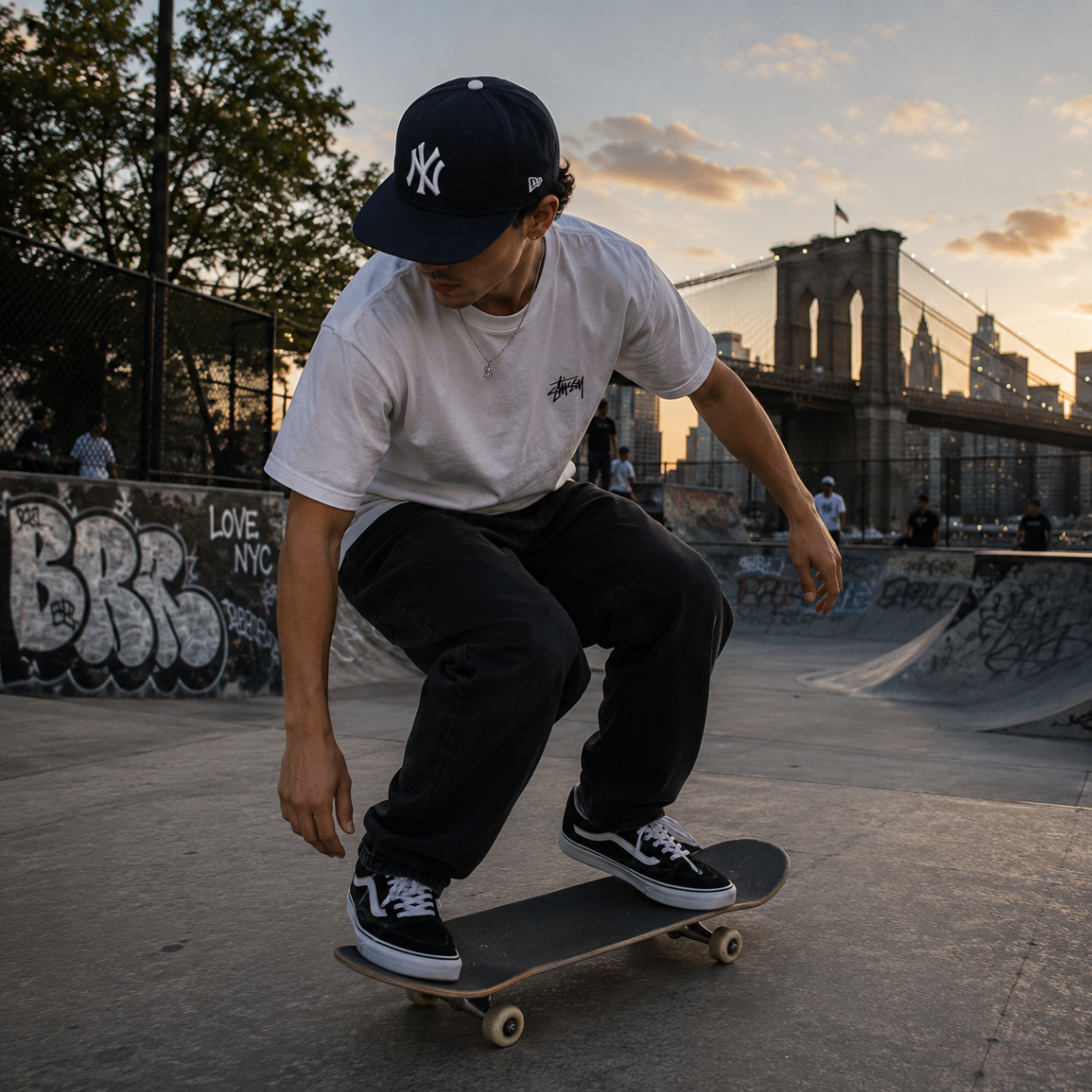 Skater wearing a navy fitted cap near the Brooklyn Bridge at sunset